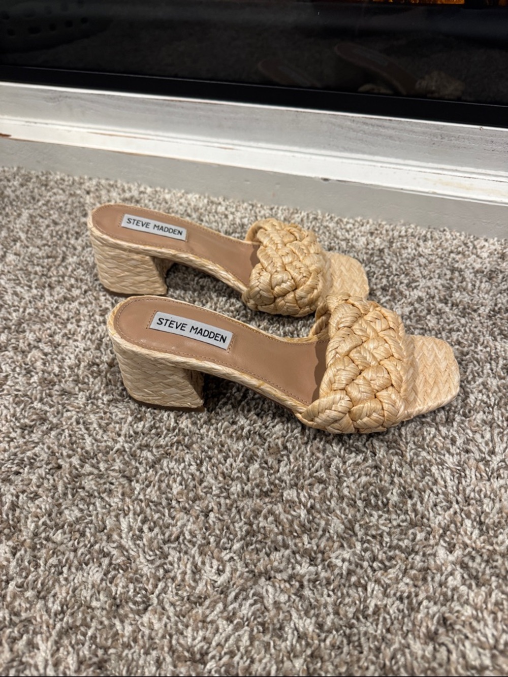 Steve Madden Braided Raffia Block Heel Sandals - Beige